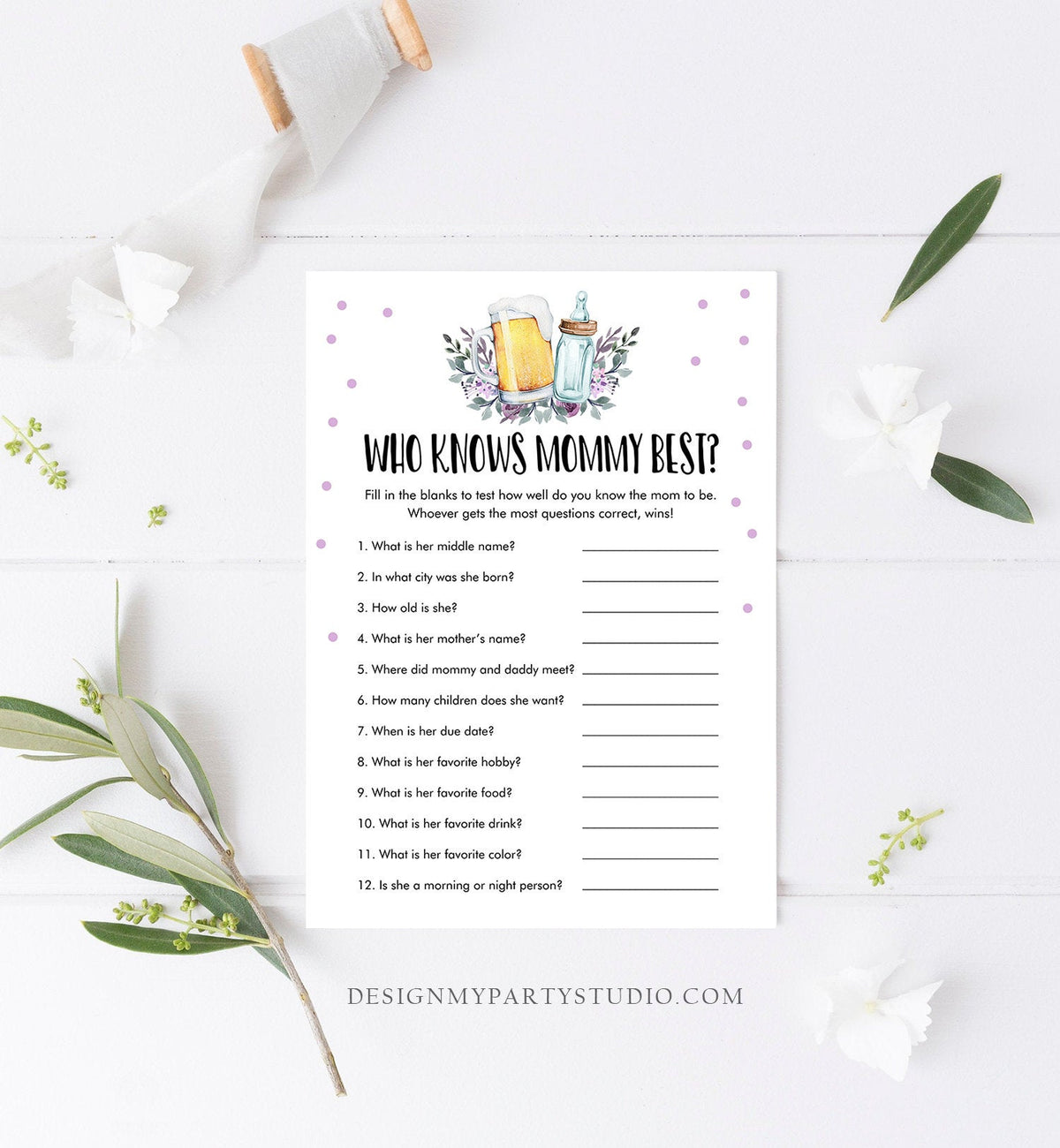 Editable Who Knows Mommy Best Baby Shower Game Greenery Baby is Brewing Shower Activity Purple Beer Bottle Corjl Template Printable 0190