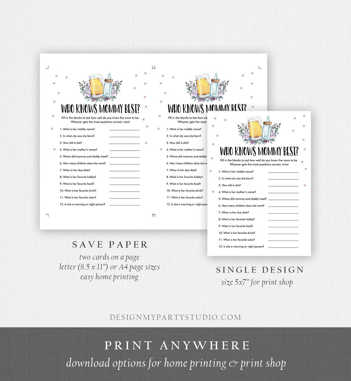 Editable Who Knows Mommy Best Baby Shower Game Greenery Baby is Brewing Shower Activity Purple Beer Bottle Corjl Template Printable 0190