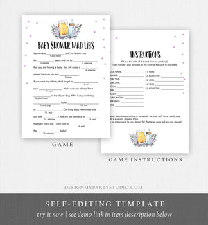 Editable Mad Libs Baby Shower Game Greenery Advice Mom to Be Baby is Brewing Shower Purple Beer Bottle Corjl Template Printable 0190