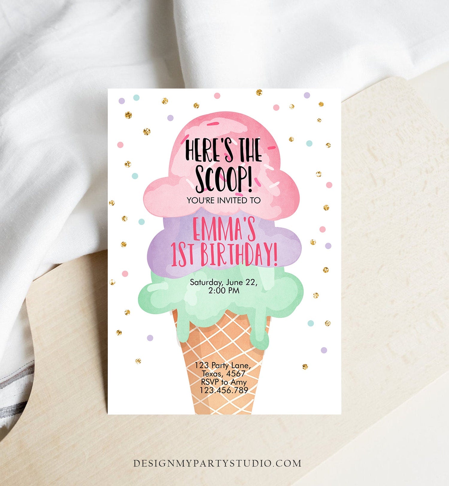 Editable Ice Cream Birthday Invitation First Birthday Party Here's the Scoop Cone Pink Green Gold Purple Printable Template Corjl 0243