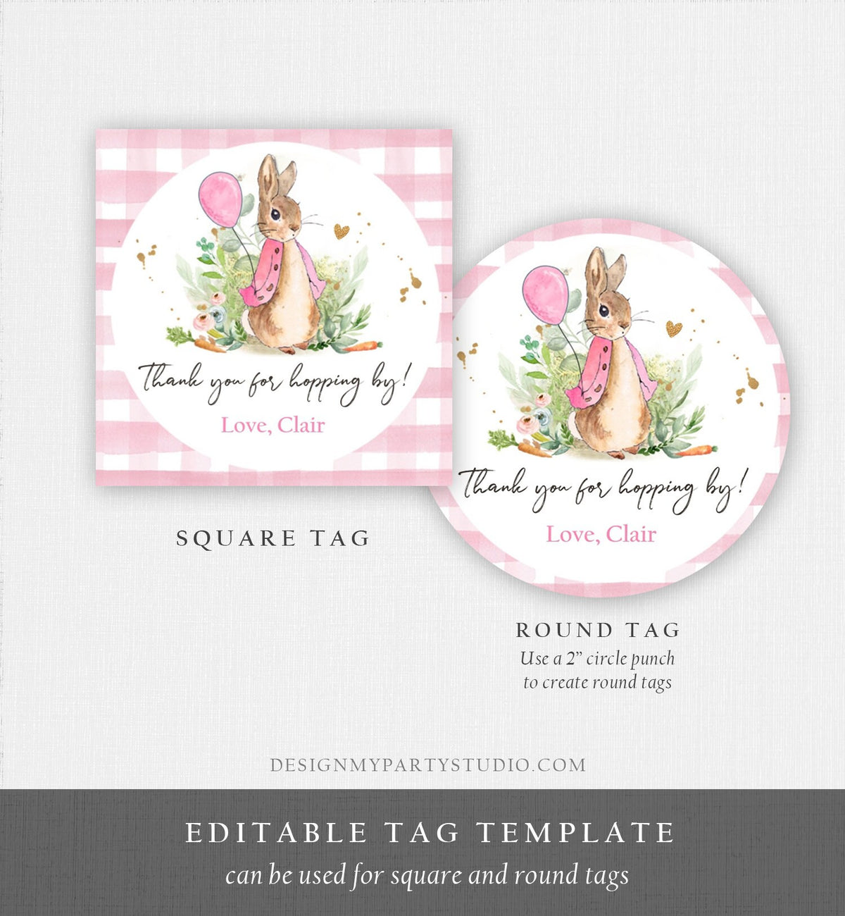Editable Flopsy Rabbit Favor Tags Bunny Thank You Round Girl Pink Birthday Labels Thanks Hopping By Printable Download Corjl Template 0351
