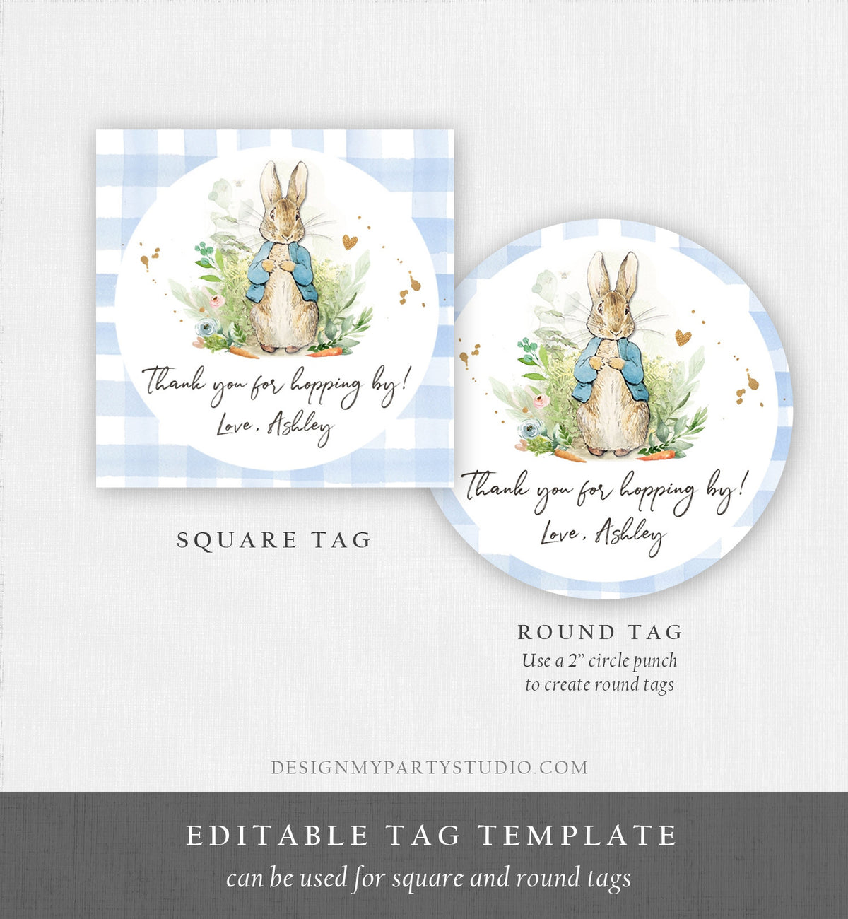 Editable Peter Rabbit Favor Tags Bunny Thank you Tags Round Boy Baby Shower Labels Thanks Hopping By Printable Download Corjl Template 0351