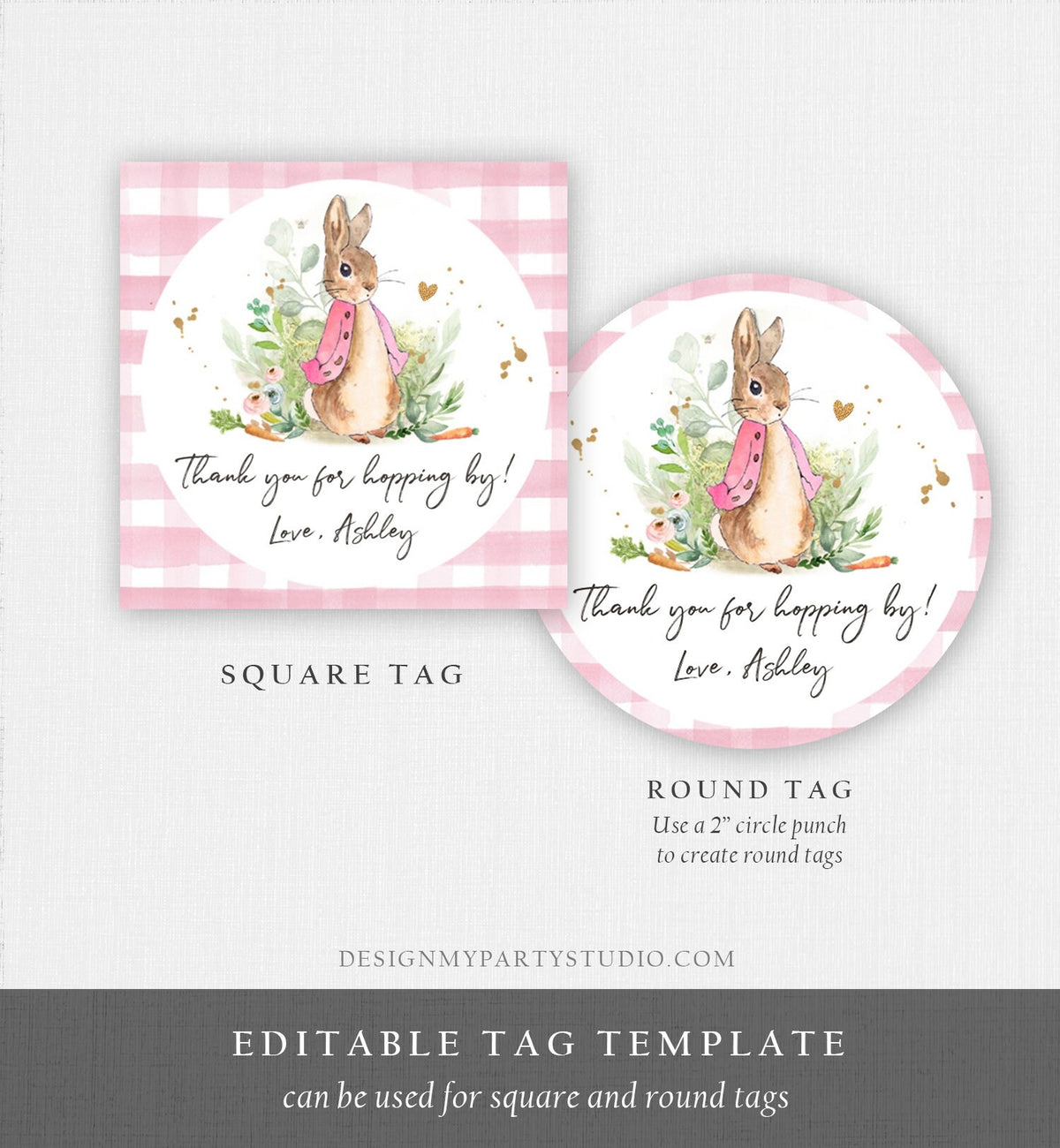 Editable Flopsy Rabbit Favor Tags Bunny Thank You Round Pink Girl Baby Shower Label Thanks Hopping By Printable Download Corjl Template 0351