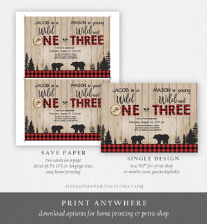 Editable Wild One Birthday Invitation Wild and Three Boys Brothers Birthday Lumberjack Bear Buffalo Download Printable Corjl Template 0191