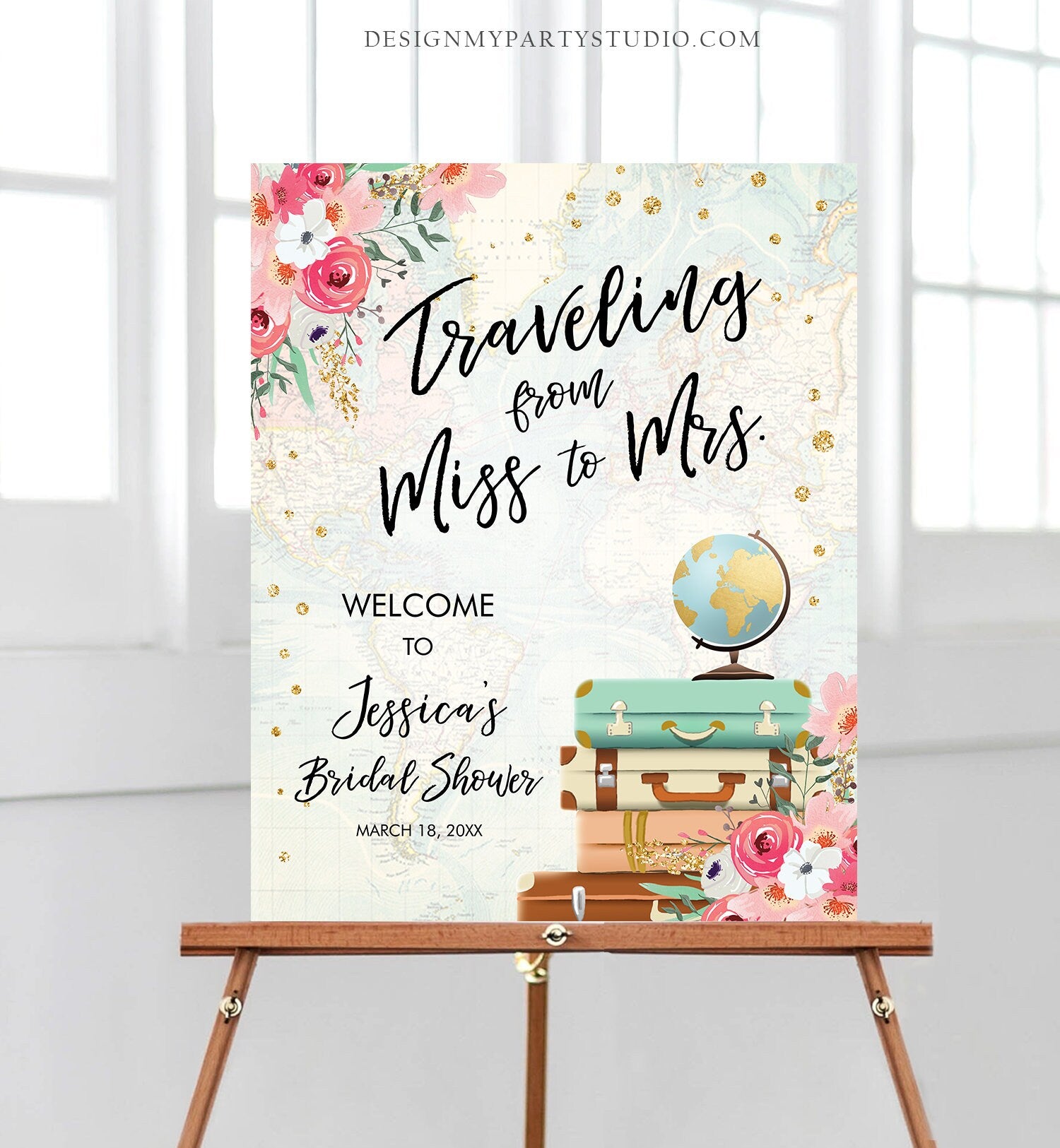 Editable Miss to Mrs Welcome Sign Bridal Shower Traveling From Miss to Mrs Adventure Love is a Journey Floral Pink Corjl Template 0030