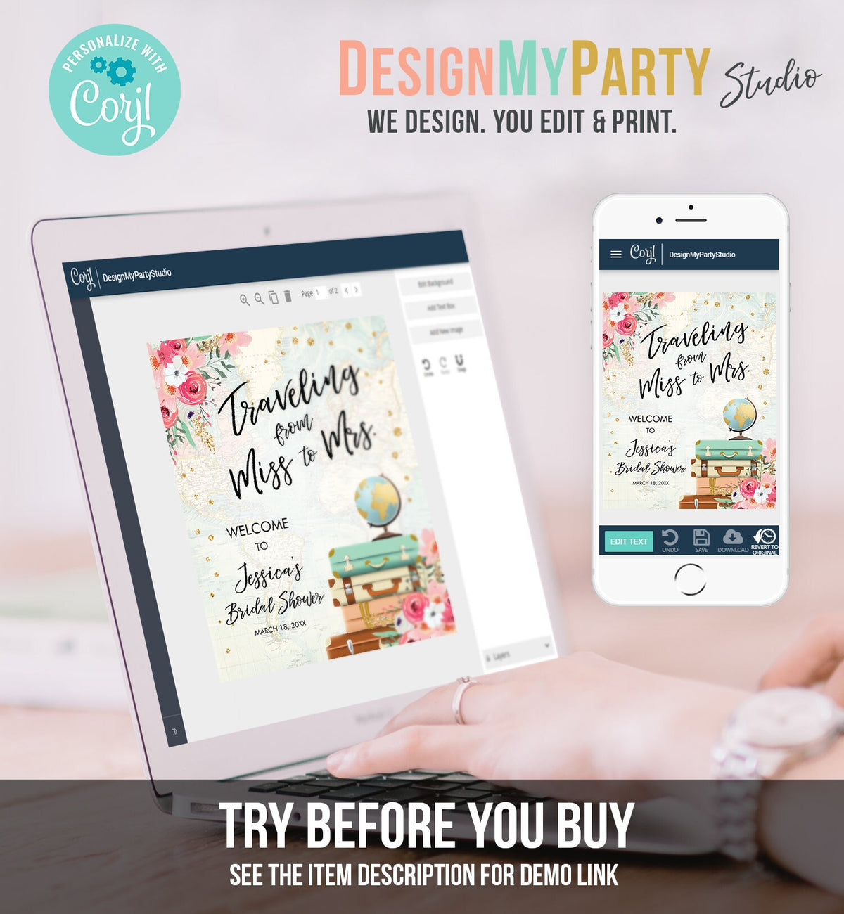 Editable Miss to Mrs Welcome Sign Bridal Shower Traveling From Miss to Mrs Adventure Love is a Journey Floral Pink Corjl Template 0030