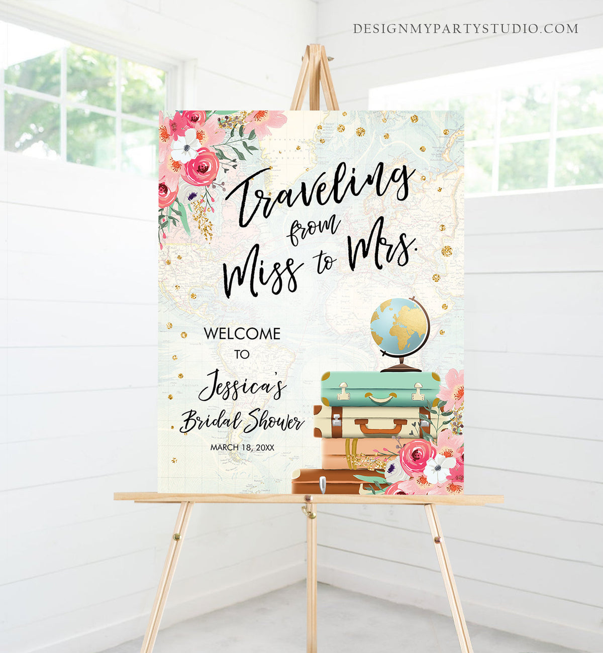 Editable Miss to Mrs Welcome Sign Bridal Shower Traveling From Miss to Mrs Adventure Love is a Journey Floral Pink Corjl Template 0030