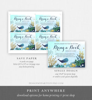 Editable Whale Bring a Book Card Baby Shower Books for Baby Nautical Ocean Watercolor It's a Boy Blue Whale Corjl Template Printable 0118