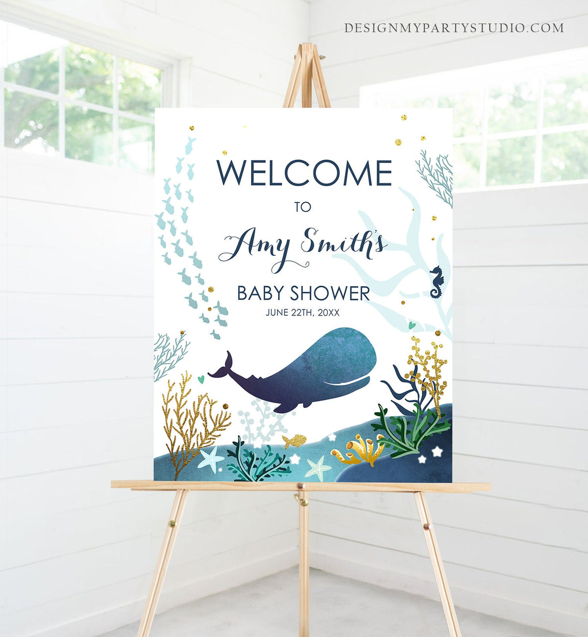 Editable Whale Welcome Sign Baby Shower Birthday Party Nautical Ocean It&#39;s a Boy Blue Whale Under the Sea Corjl Template Printable 0118
