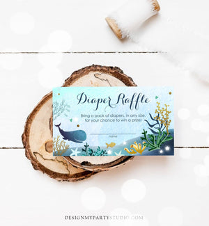 Editable Whale Baby Shower Diaper Raffle Card Nautical Ocean Under the Sea Boy Blue Whale Coral Ticket Corjl Template Printable 0118
