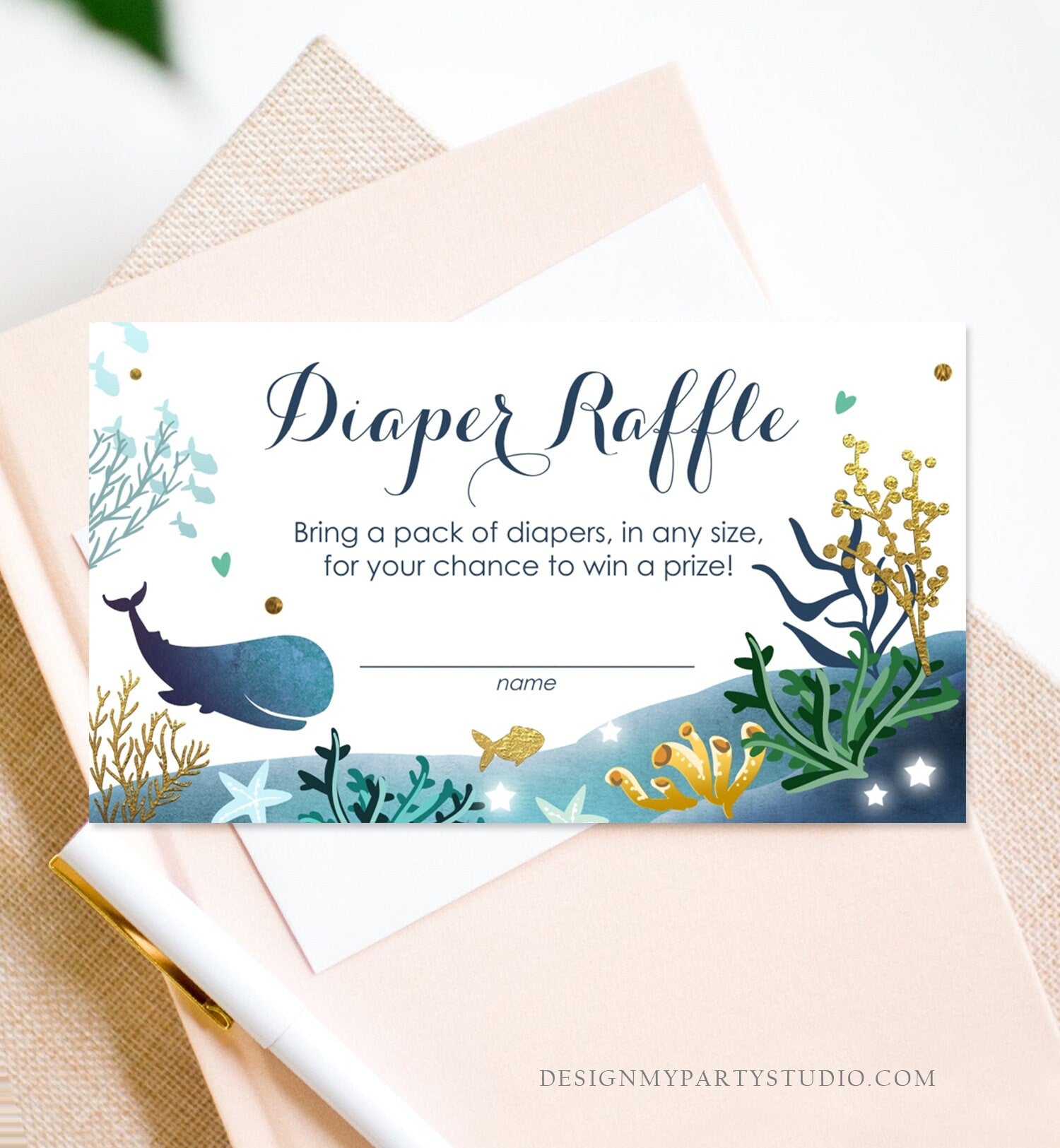 Editable Whale Baby Shower Diaper Raffle Card Nautical Ocean Under the Sea Boy Blue Whale Coral Ticket Corjl Template Printable 0118