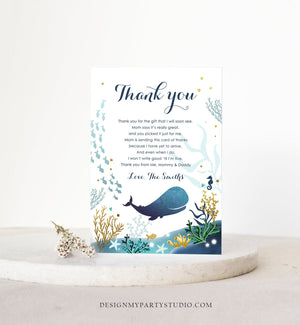 Editable Whale Baby Shower Thank You Card Note Nautical Blue Whale Boy Ocean Under the Sea Coral Template Instant Download Corjl 0118