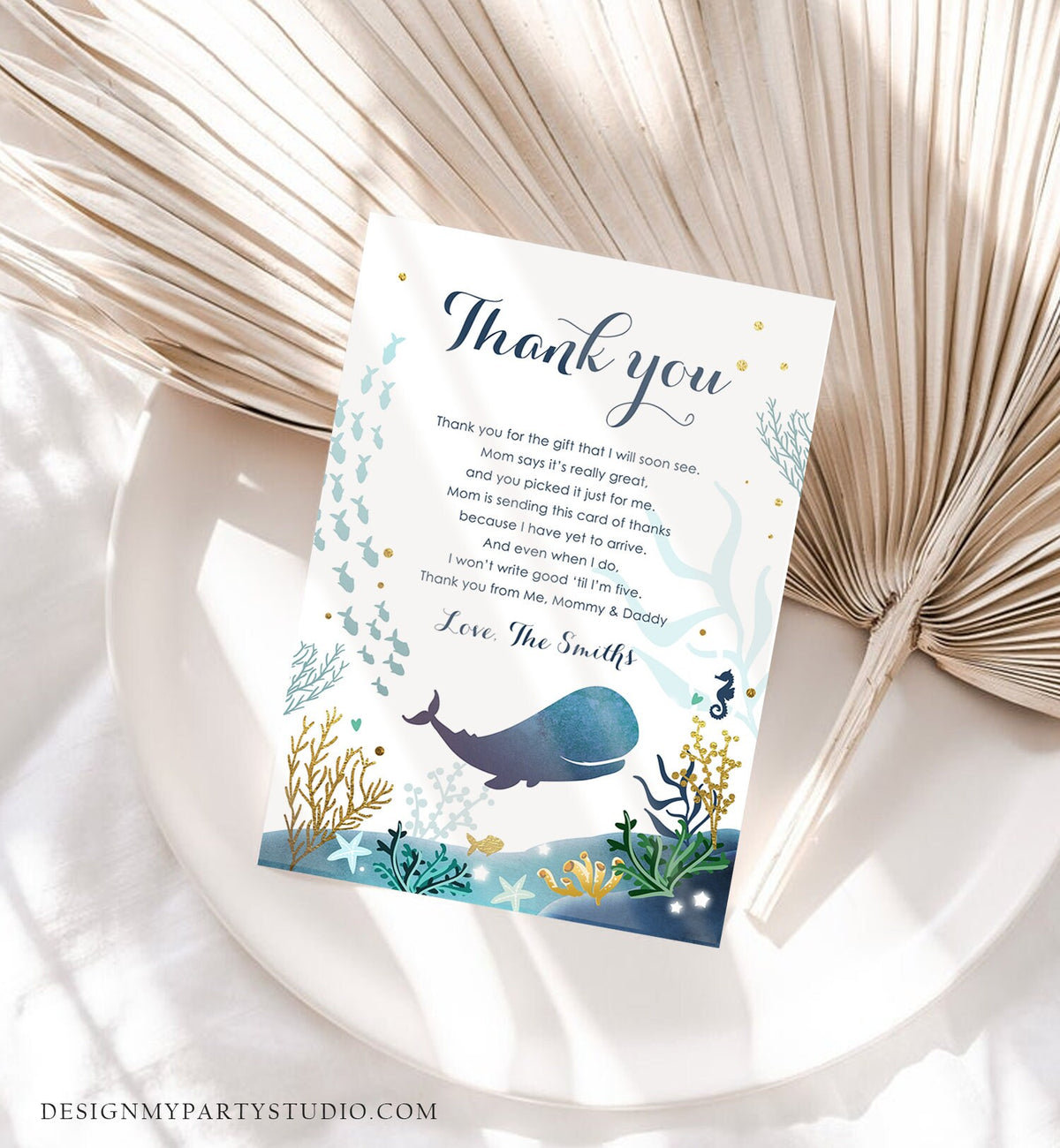Editable Whale Baby Shower Thank You Card Note Nautical Blue Whale Boy Ocean Under the Sea Coral Template Instant Download Corjl 0118