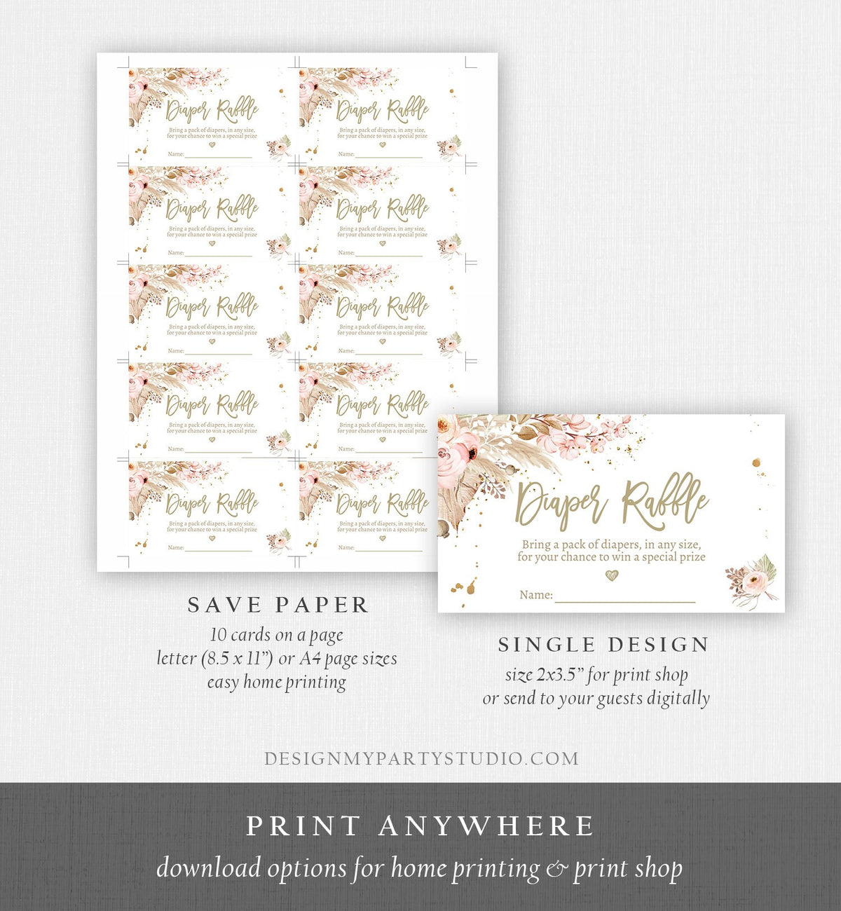 Editable Pampas Grass Diaper Raffle Ticket Grass Baby Shower Registry Card Diaper Game Bohemian Desert Boho Template PRINTABLE Corjl 0395