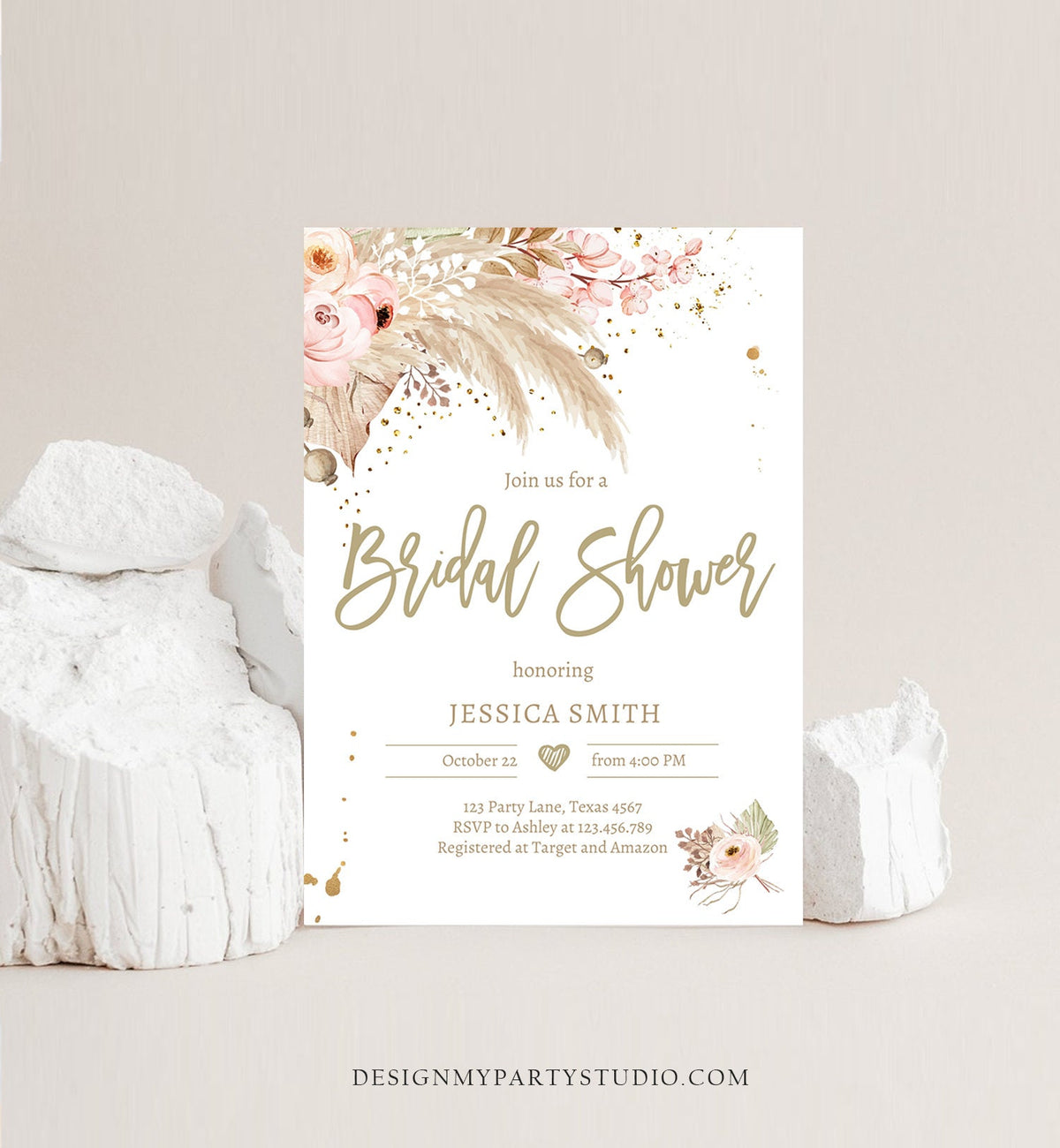 Editable Pampas Grass Bridal Shower Invitation Desert Boho Bridal Shower Tropical Bohemian Dried Palm Leaf Printable Template Corjl 0395