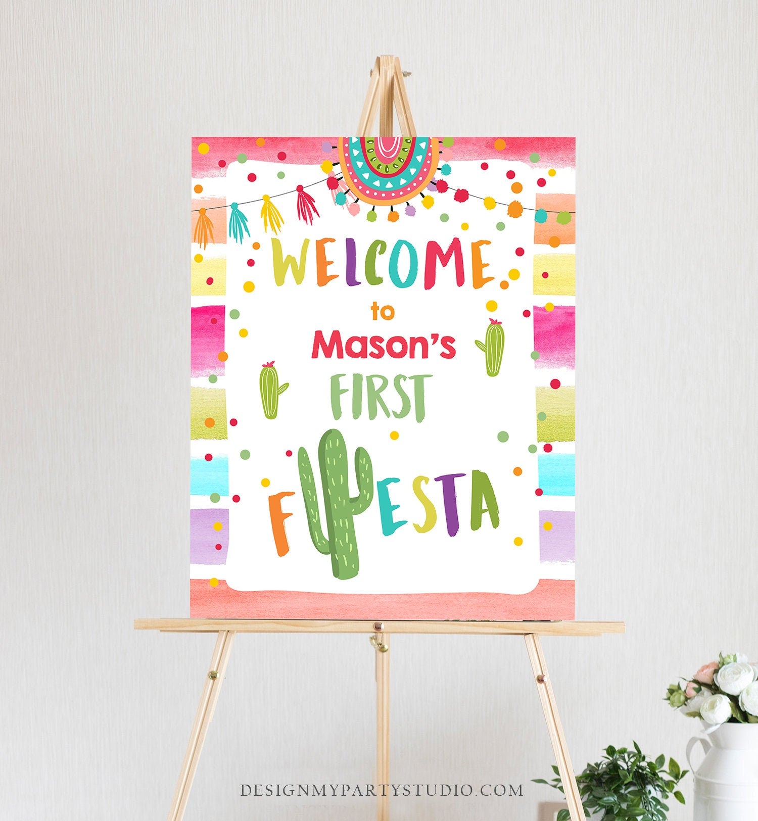 Editable Fiesta Welcome Sign Boy First Birthday Table Sign 1st Cactus Mexican Succulent Decor Poster Colors Corjl Template Printable 0134