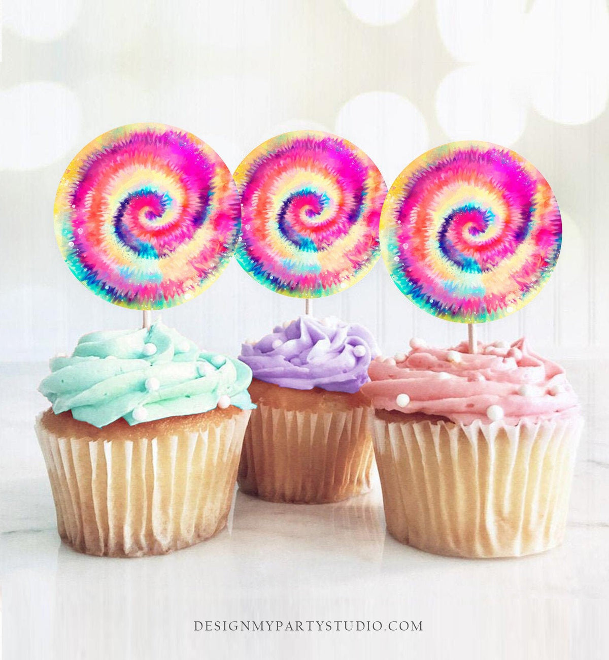 Tie Dye Cupcake Toppers Favor Tags Tie Dye Birthday Party Decoration Hippie Birthday Peace Craft Rainbow Download Digital PRINTABLE 0407
