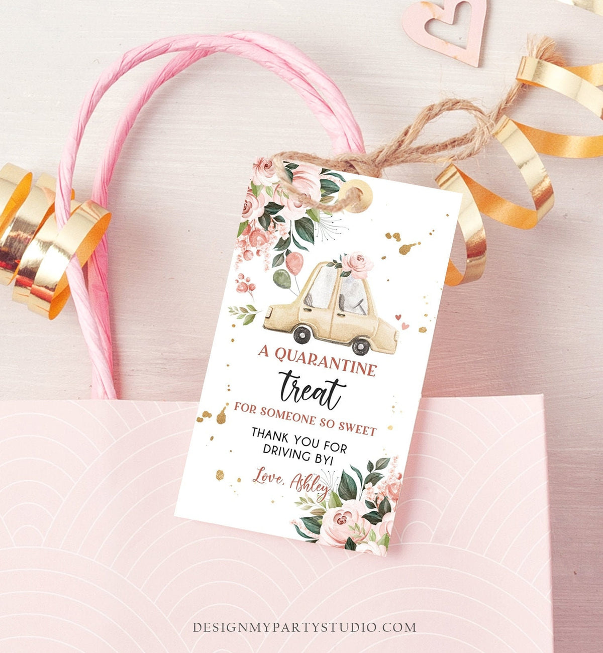 Editable Drive By Favor Tag Drive Through Baby Shower Bridal Shower Birthday Thank You Gift Tags Quarantine Neutral Floral Girl Corjl 0335