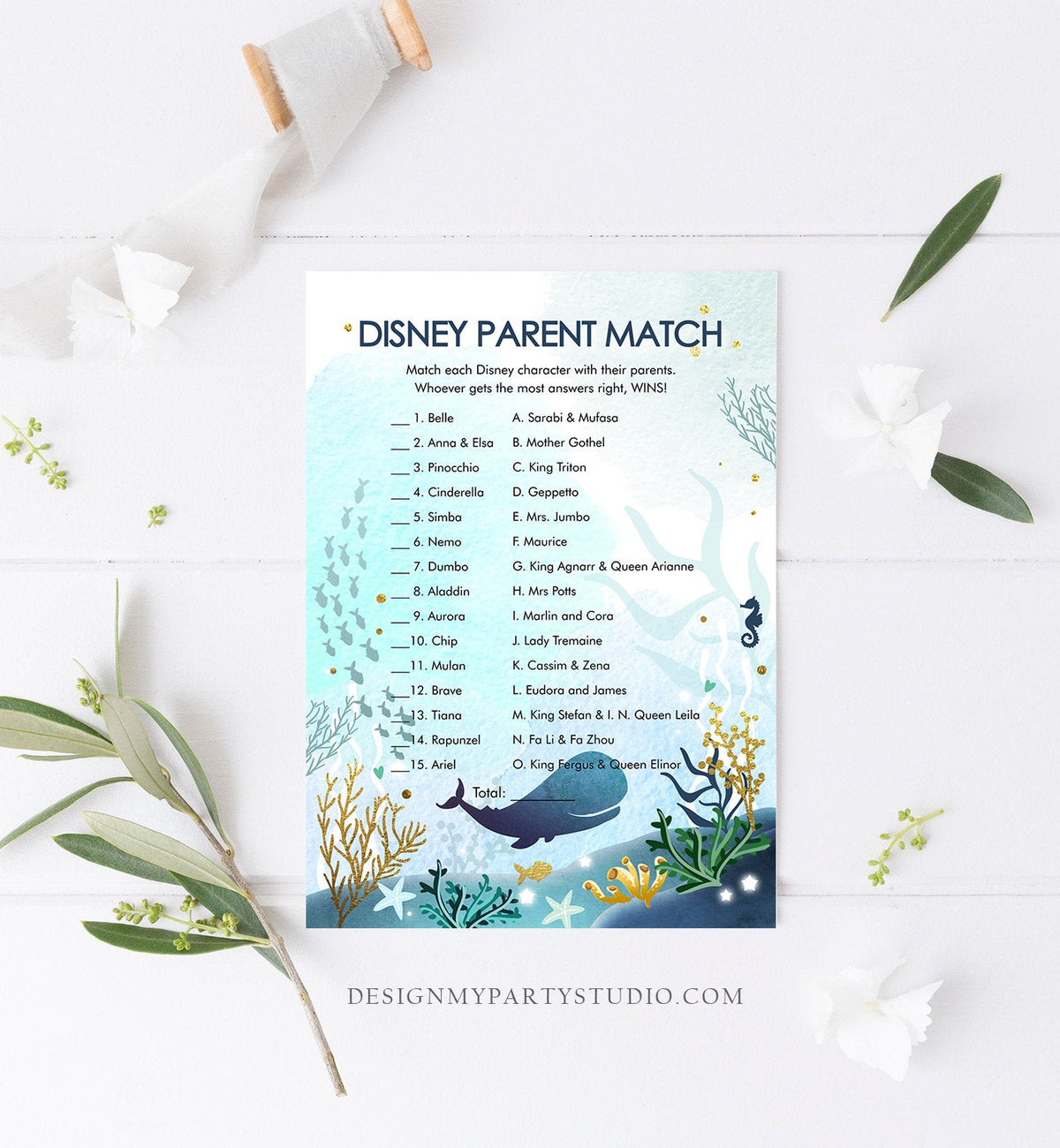 Editable Disney Parent Match Game Whale Nautical Baby Shower Game Ocean Coral Under the Sea Boy Blue Games Corjl Template Printable 0118