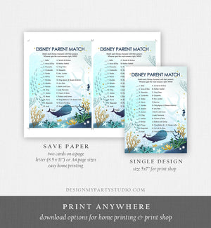 Editable Disney Parent Match Game Whale Nautical Baby Shower Game Ocean Coral Under the Sea Boy Blue Games Corjl Template Printable 0118