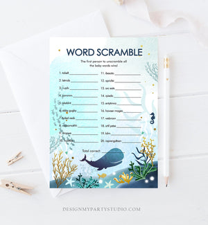 Editable Word Scramble Game Whale Nautical Baby Shower Search Game Ocean Coral Under the Sea Boy Blue Games Corjl Template Printable 0118