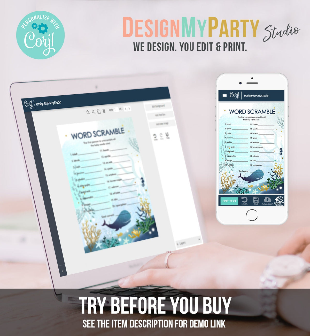 Editable Word Scramble Game Whale Nautical Baby Shower Search Game Ocean Coral Under the Sea Boy Blue Games Corjl Template Printable 0118