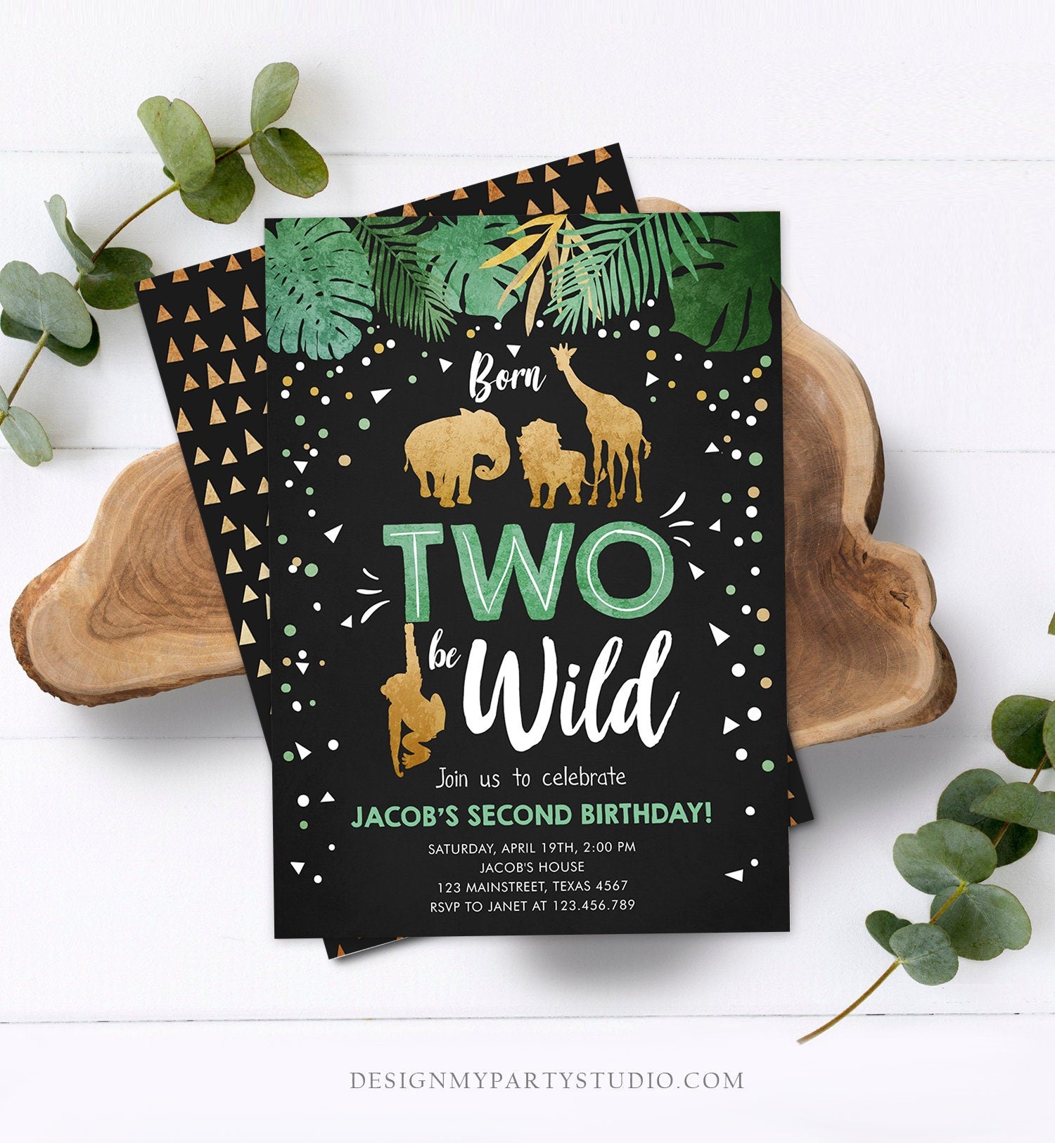 Editable Born Two Be Wild Birthday Invitation Boy Animals Jungle Safari Green Gold 2nd Birthday Download Printable Template Corjl 0016
