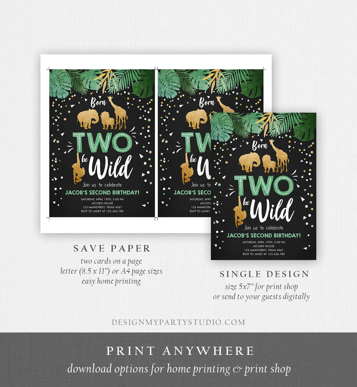 Editable Born Two Be Wild Birthday Invitation Boy Animals Jungle Safari Green Gold 2nd Birthday Download Printable Template Corjl 0016