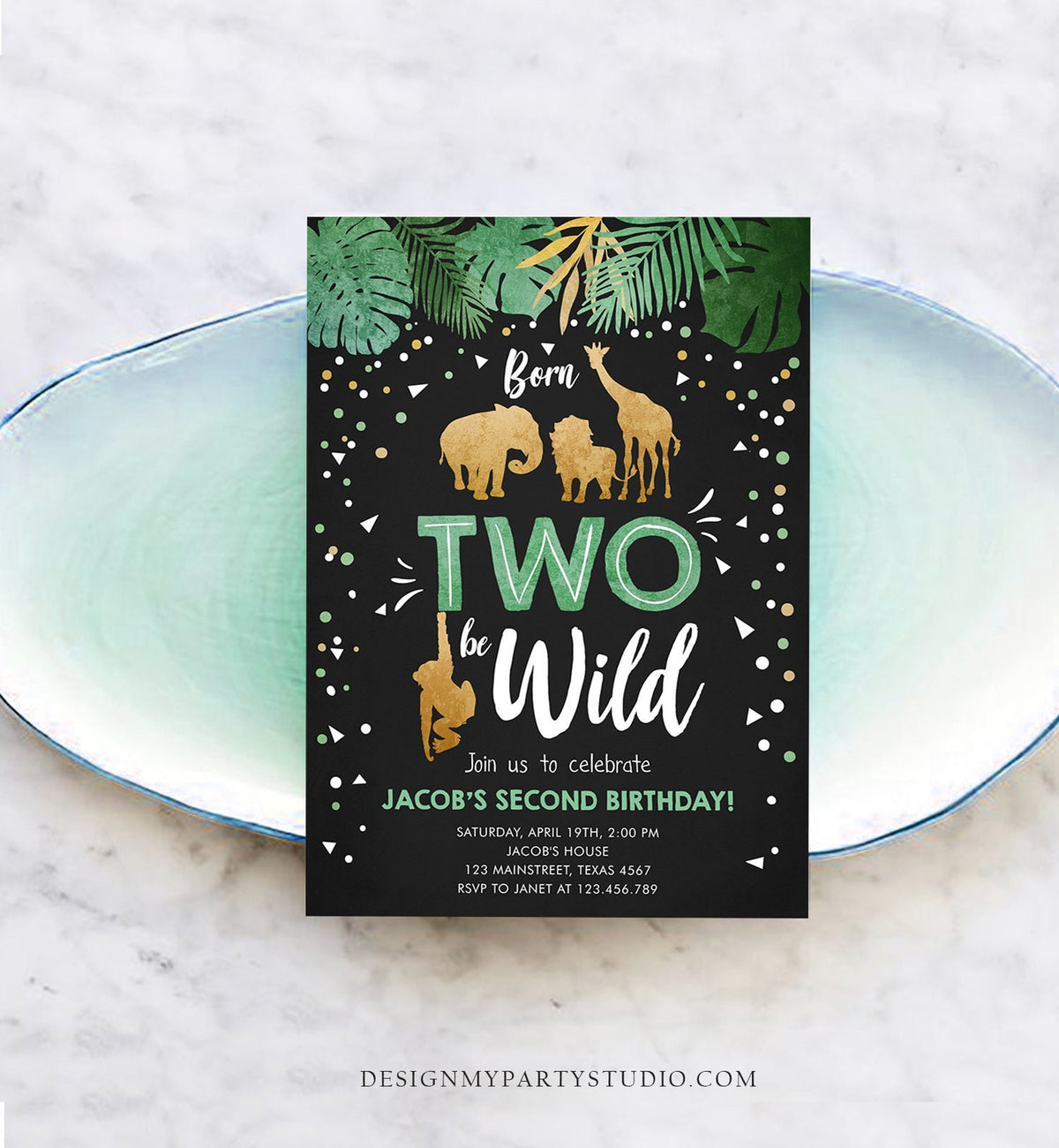 Editable Born Two Be Wild Birthday Invitation Boy Animals Jungle Safari Green Gold 2nd Birthday Download Printable Template Corjl 0016