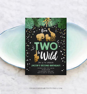 Editable Born Two Be Wild Birthday Invitation Boy Animals Jungle Safari Green Gold 2nd Birthday Download Printable Template Corjl 0016