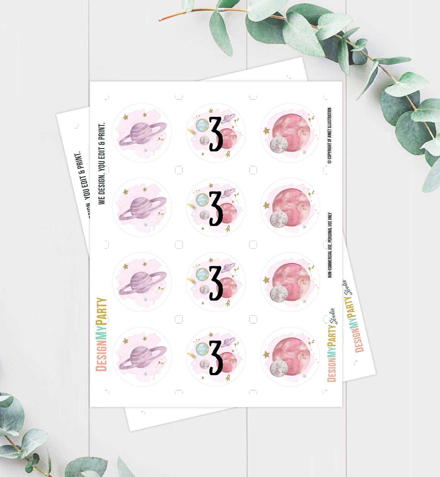 Outer Space Birthday Cupcake Toppers Third Birthday 3rd Trip Around the Sun Favor Tags Space Planets Galaxy Girl Pink Digital PRINTABLE 0357