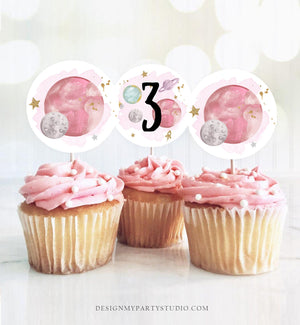 Outer Space Birthday Cupcake Toppers Third Birthday 3rd Trip Around the Sun Favor Tags Space Planets Galaxy Girl Pink Digital PRINTABLE 0357