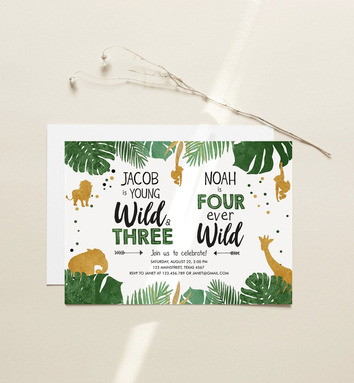 Editable Young Wild and Three Four Ever Wild Birthday Invitation Boys Siblings Safari Animals Party Gold Joint Combined Corjl Template 0016