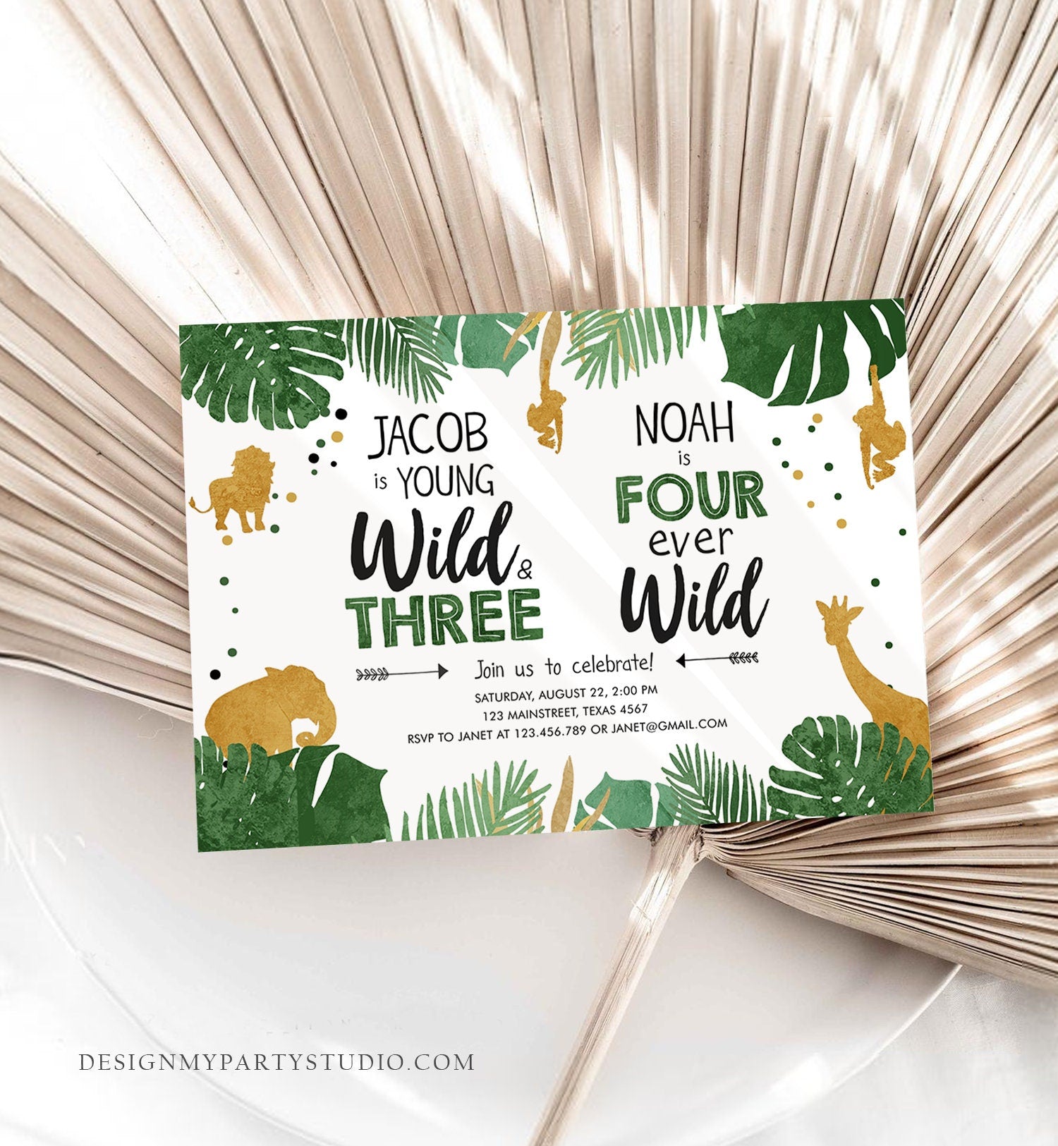 Editable Young Wild and Three Four Ever Wild Birthday Invitation Boys Siblings Safari Animals Party Gold Joint Combined Corjl Template 0016