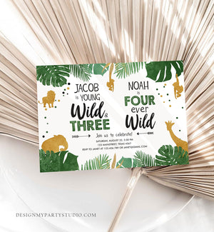 Editable Young Wild and Three Four Ever Wild Birthday Invitation Boys Siblings Safari Animals Party Gold Joint Combined Corjl Template 0016