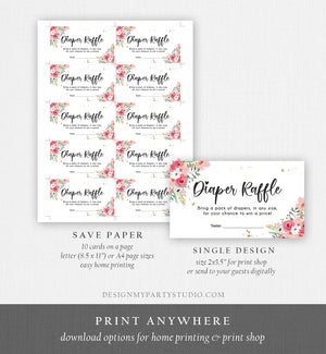 Editable Floral Diaper Raffle Ticket Baby Shower Pink Flowers Girl Pink Gold Diaper Game Book Insert Ticket Digital Corjl Template 0335