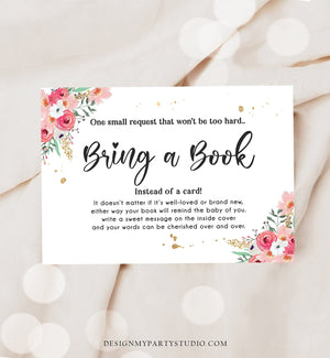 Editable Floral Bring a Book Card Baby Shower Pink Flowers Girl Pink and Gold Book Request Baby Book Insert Ticket Corjl Template 0335