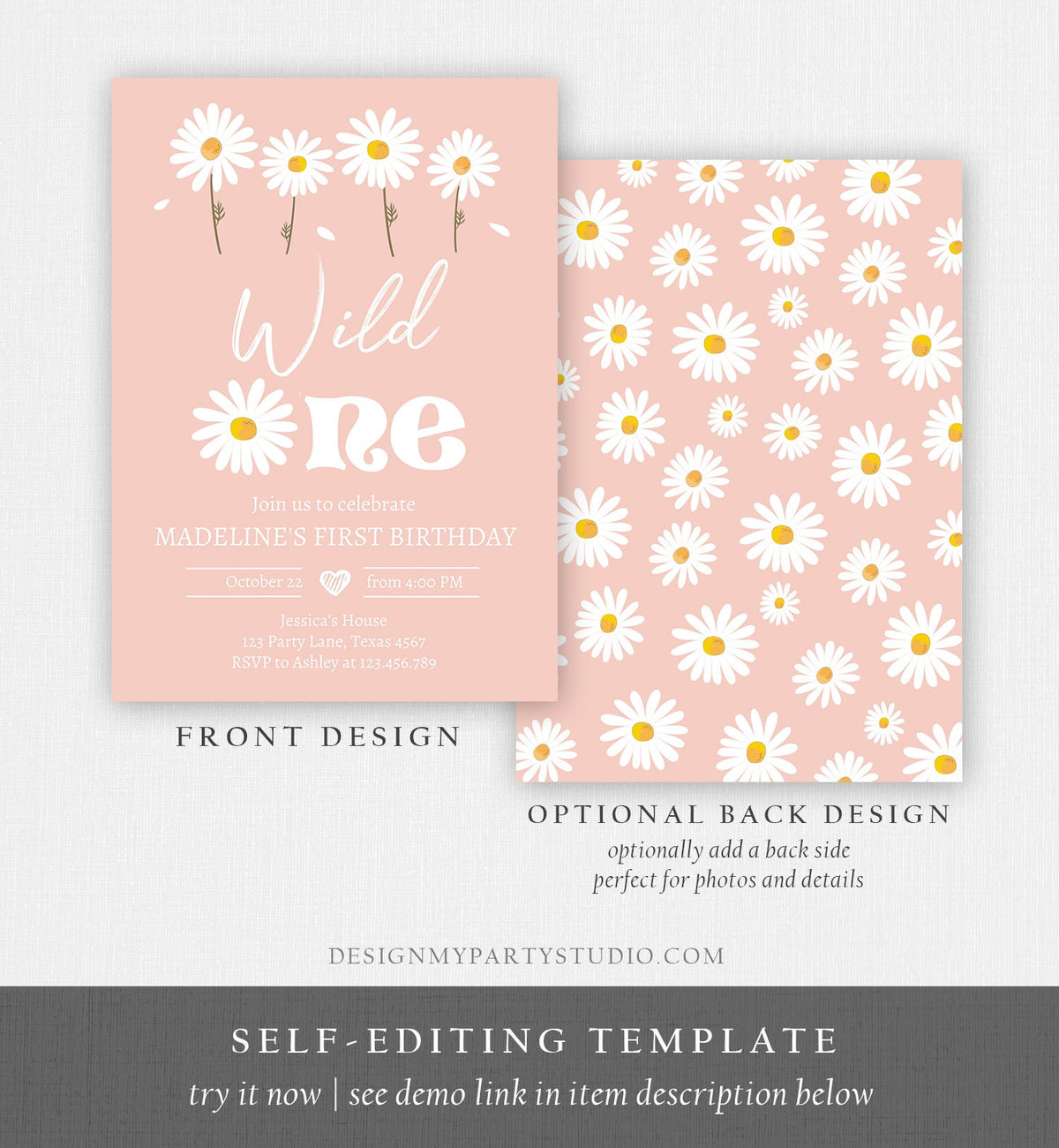 Editable Daisy Birthday Party Invitation 1st Birthday Wild One Floral Girl Boho Pink First Download Printable Template Corjl Digital 0410