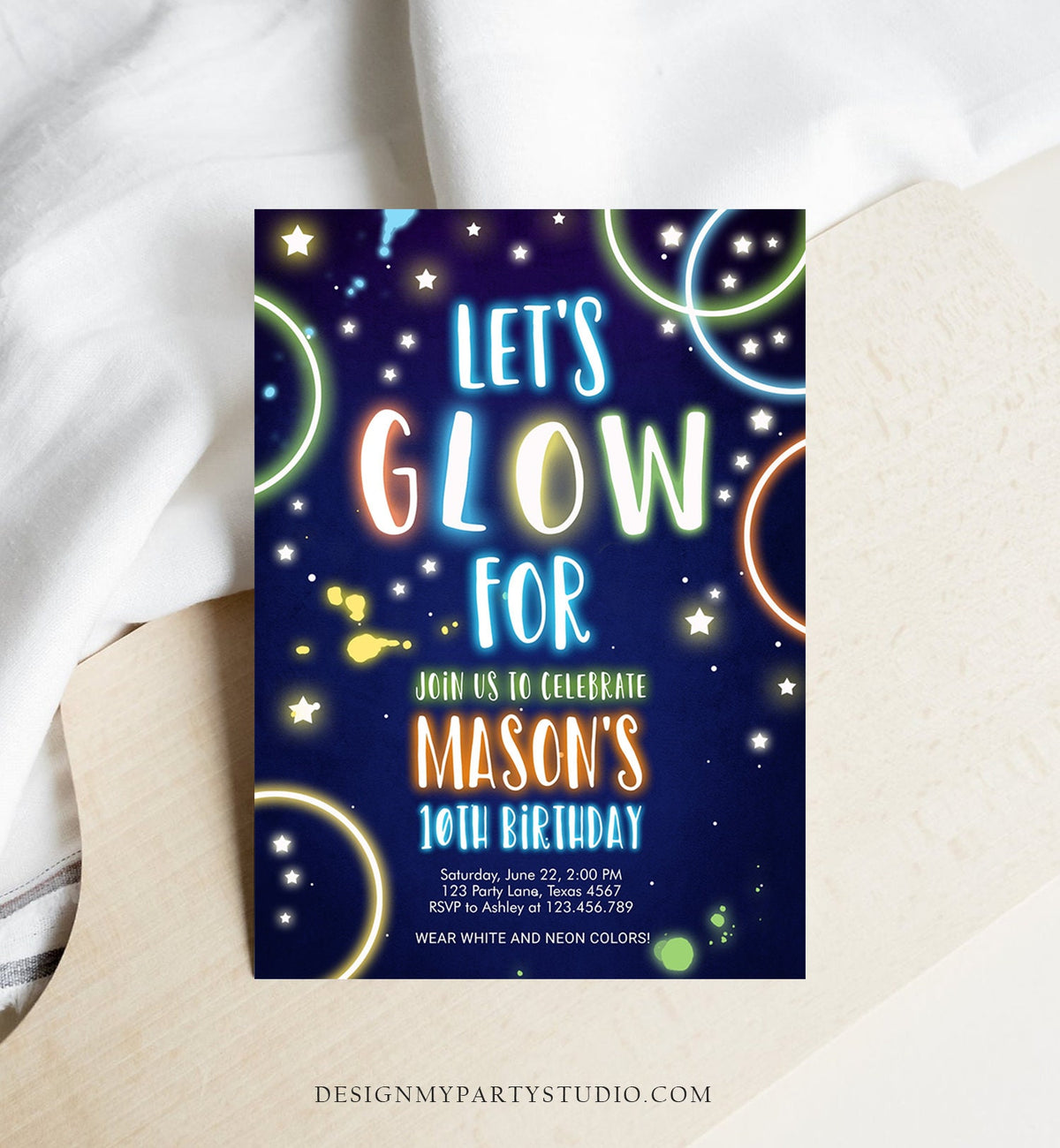 Editable Let&#39;s Glow Birthday Invitation Glow Crazy Party Neon Glow In The Dark Party Boy Teen Blue Download Printable Template Corjl 0172