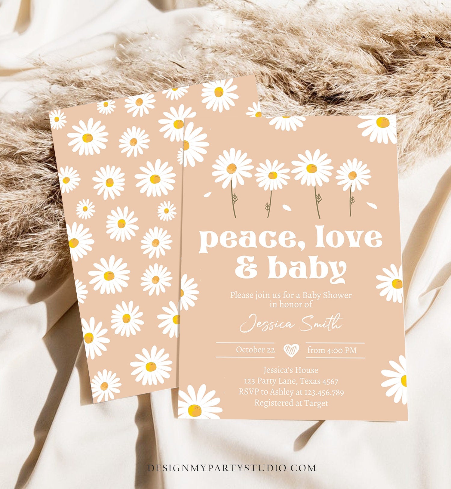 Editable Peace Love and Baby Shower Invitation Daisy Invitation Floral Bohemian Boho Hippie Download Printable Template Corjl Digital 0410
