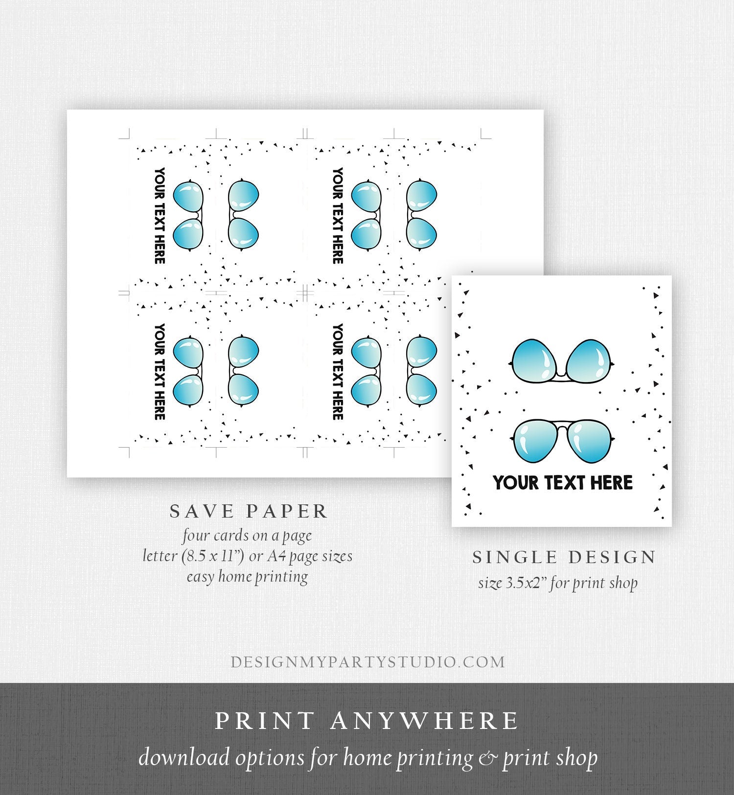 Editable Two Cool Food Labels Sunglasses Place Card Tent Card Escort Card 2nd Birthday Summer Pool Party Tropical Template Corjl 0136