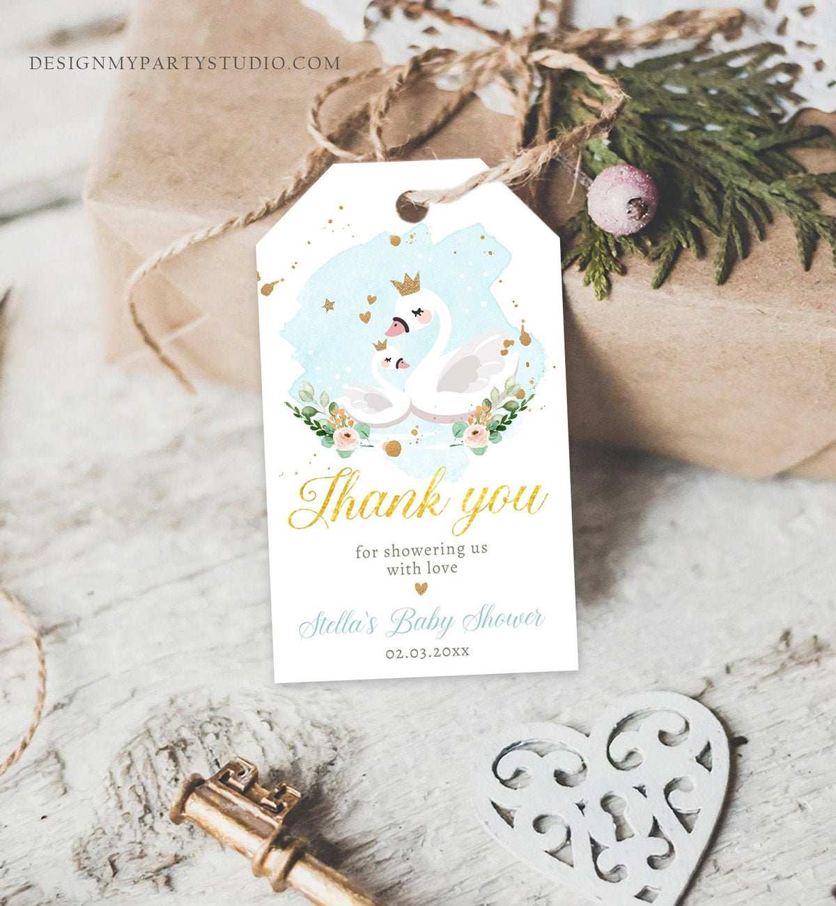 Editable Floral Swan Baby Shower Favor Tags Thank You Tags Swans Boy Blue Gold Swan Baby Boy Gift Tag Decor Digital Corjl Template 0382