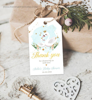 Editable Floral Swan Baby Shower Favor Tags Thank You Tags Swans Boy Blue Gold Swan Baby Boy Gift Tag Decor Digital Corjl Template 0382