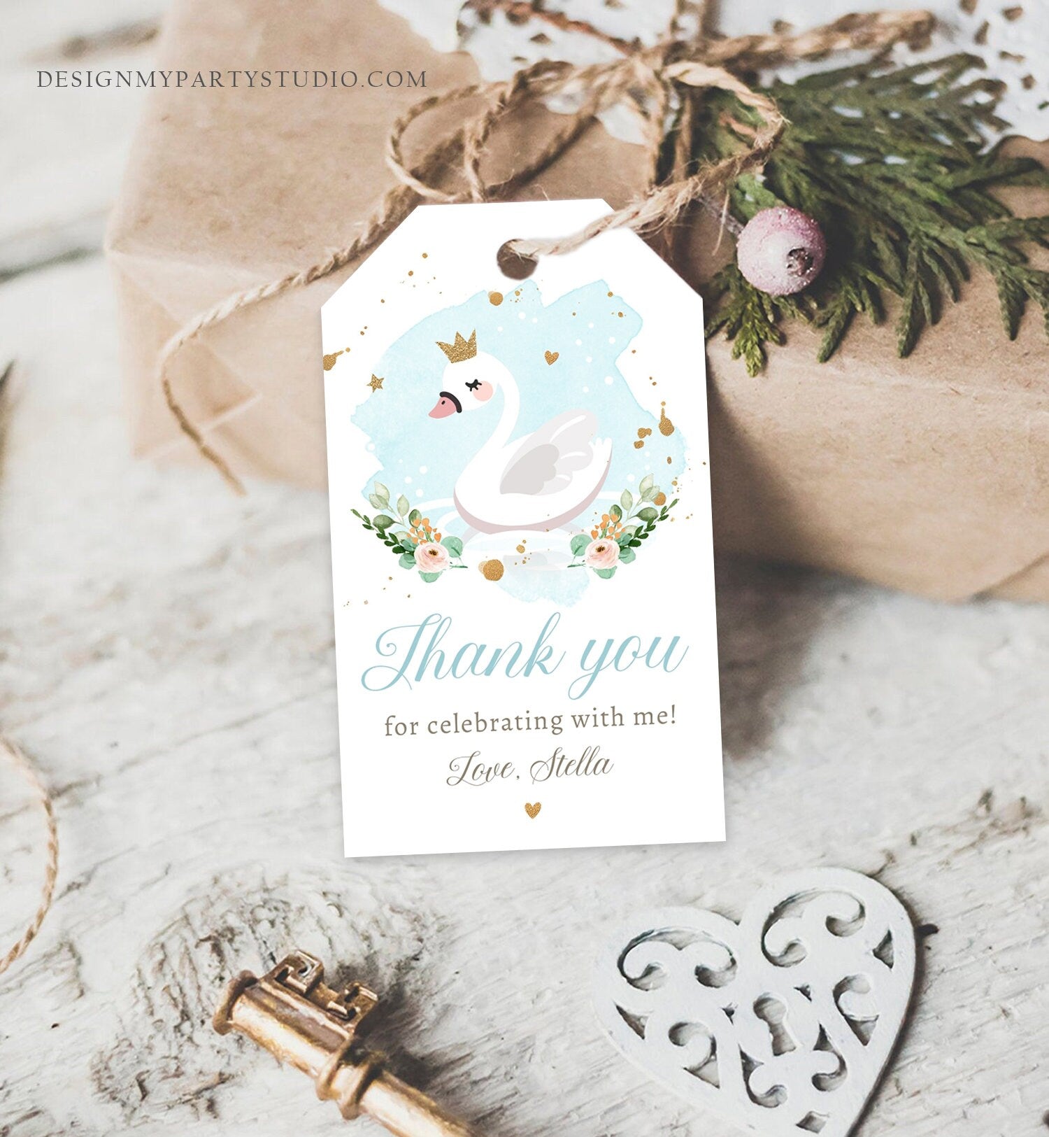 Editable Floral Swan Birthday Favor Tags Thank You Tags Boy Blue Swan Baby Shower Swan Tag Label Gift Tag Decor Digital Corjl Template 0382