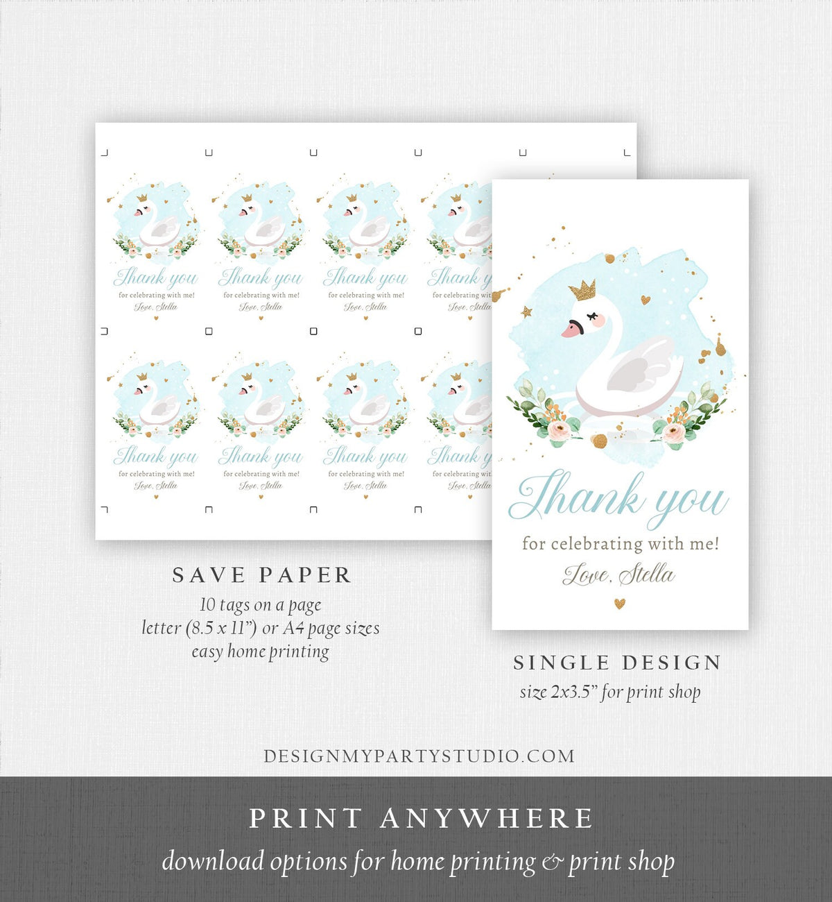 Editable Floral Swan Birthday Favor Tags Thank You Tags Boy Blue Swan Baby Shower Swan Tag Label Gift Tag Decor Digital Corjl Template 0382