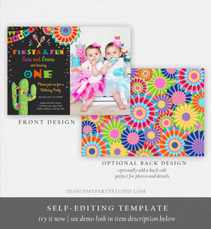 Editable Fiesta and Fun Birthday Invitation ANY AGE Joint Siblings Cactus Mexican Party Girl Boy Colorful Corjl Template Printable 0045