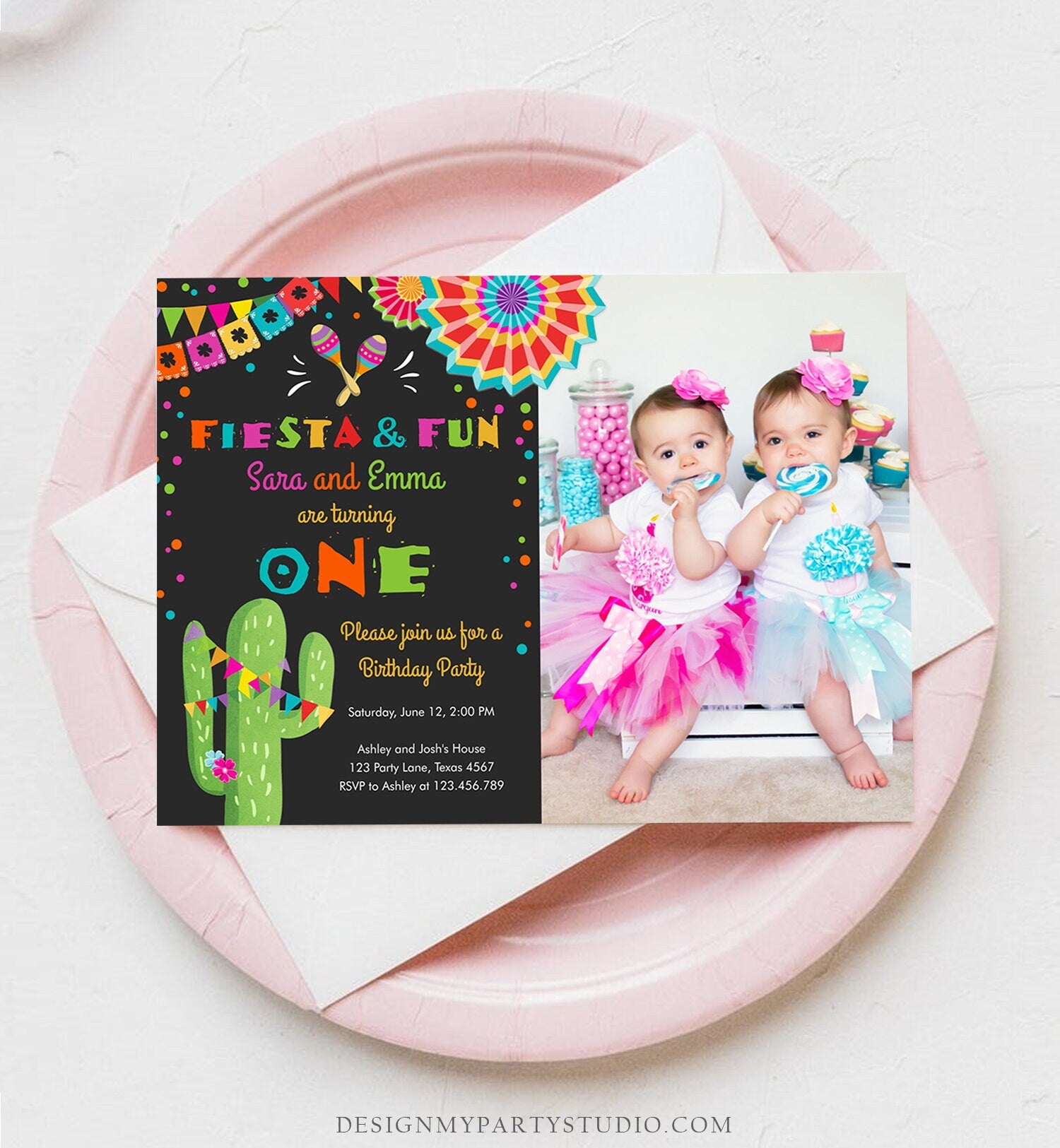 Editable Fiesta and Fun Birthday Invitation ANY AGE Joint Siblings Cactus Mexican Party Girl Boy Colorful Corjl Template Printable 0045