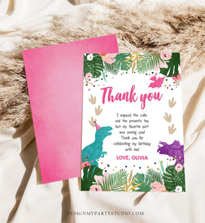 Editable Dinosaur Thank You Card Birthday Note Pink Gold Girl Dino Party T-Rex Photo Instant Download Printable Corjl Template Digital 0388