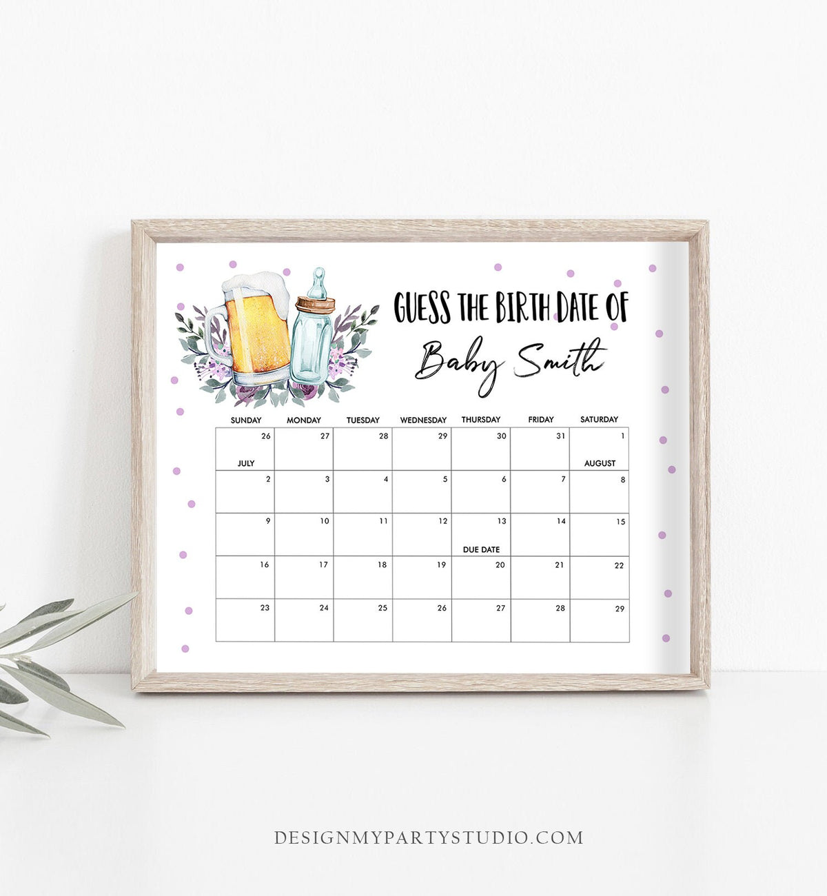 Editable Guess the Birth Date Baby Shower Game Guess Purple Baby is Brewing Baby Shower Beers and Bottles Corjl Template Printable 0190