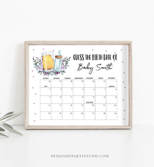Editable Guess the Birth Date Baby Shower Game Guess Purple Baby is Brewing Baby Shower Beers and Bottles Corjl Template Printable 0190